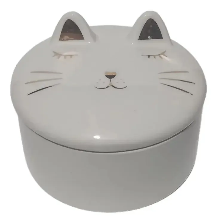 Porta Joias Porcelana Branco Gatinho Golden Rio Compacto 13x9cm