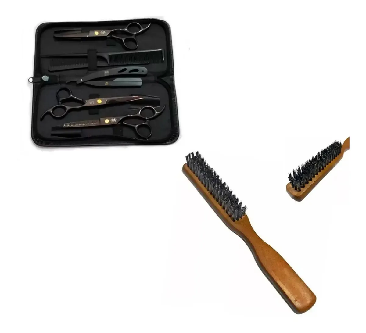 Kit Barbeiro Profissional, Tesouras Navalha Pente Javali