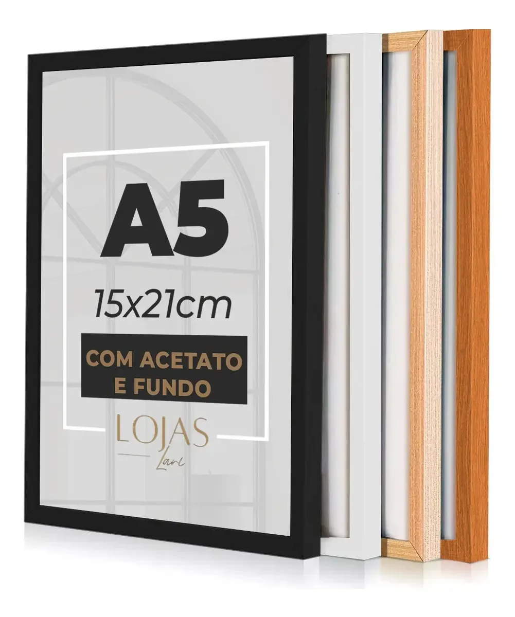 Kit 5 Molduras A5 C/ Acetato Quadros Fotos Poster 15x21 Cm Cor Preto