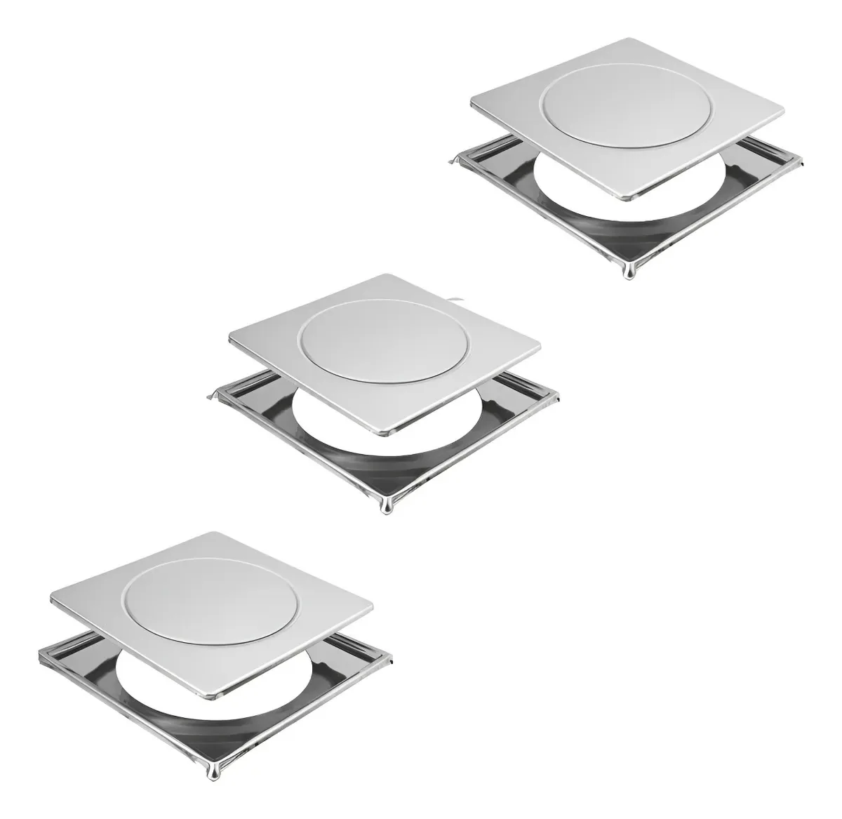 Kit 3x Ralos Click Quadrado 10x10 + 3x Porta Grelha Cromado