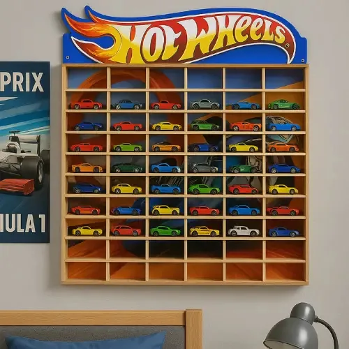 Expositor Para Coleção de Carrinhos N.G. Decorações: Estante Azul de Parede Para Hot Wheels, 45x45x5 cm