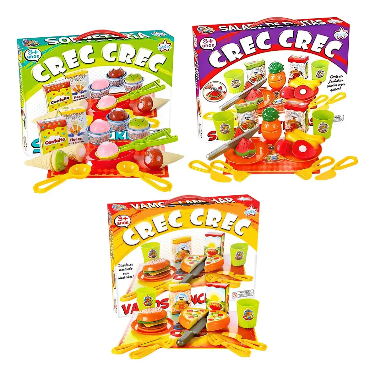 Kit Comida de Brinquedo Big Star Crec Crec: Sorveteria, Lanchar e Salada