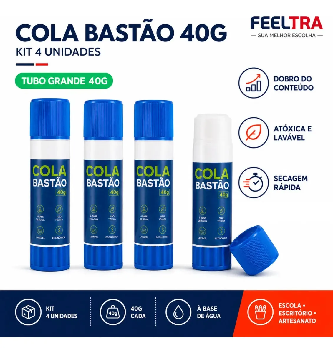 kit 4x Cola Bastão Branca 40g Para Escola Atóxica Lavável Base de Água Sem Solventes Escolar Escritório e Artesanato Cola Sólida Para Papel Cartolina EVA Secagem Rápida Alta Qualidade FEELTRA