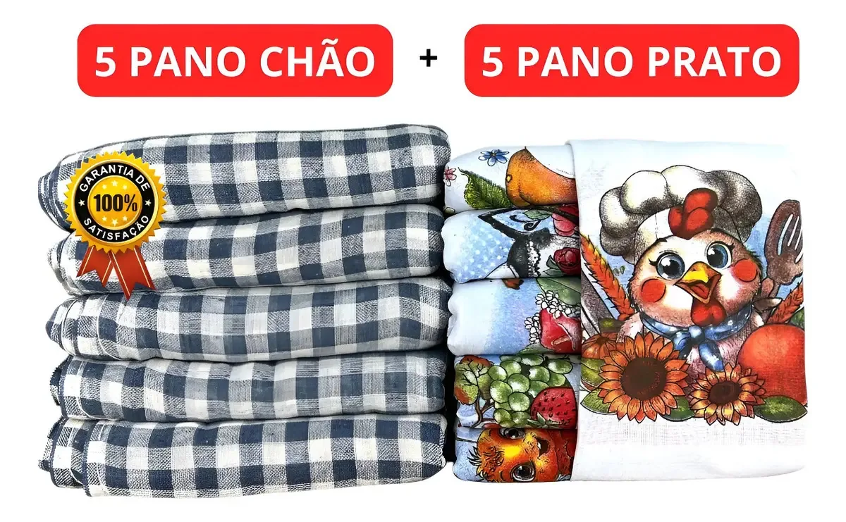 Combo 5 Panos De Chão + 5 Panos De Prato Louça 100% Algodão Cor Xadrez azul