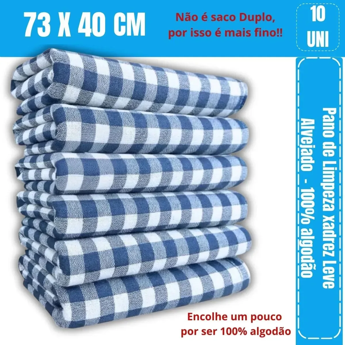 Kit 10 Pano De Limpeza Xadrez Azul Limpeza Geral 100% Algodão Cor XADREZ AZUL E BRANCO