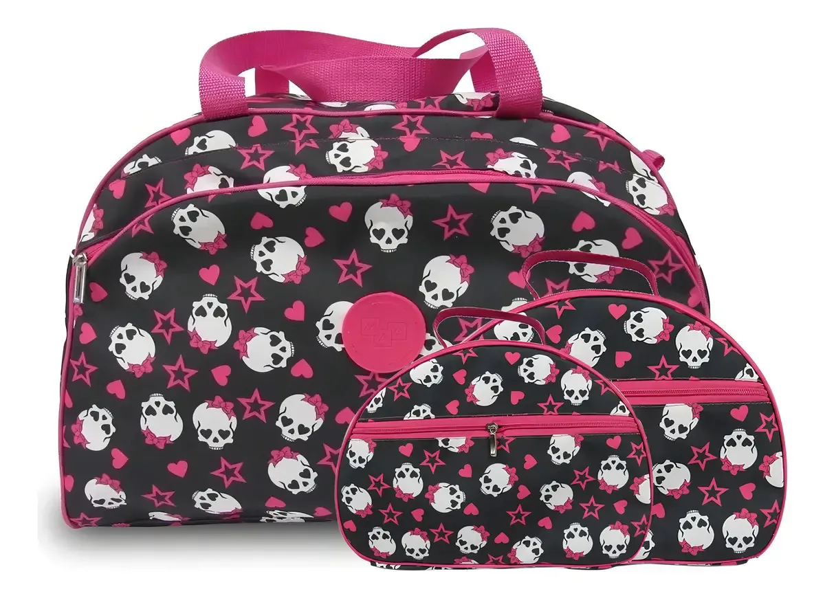 Kit Bolsa De Viagem Flamingo Grande E 2 Necessaires M E P Cor Caveirinhas