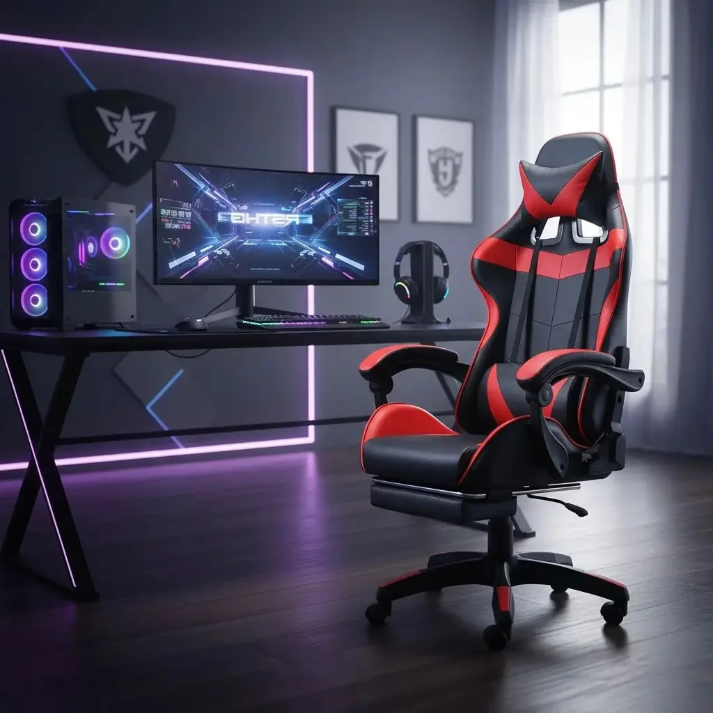 Cadeira Gamer Ergonômica Reclinável com Apoio para Pés e Lombar Vermelha
