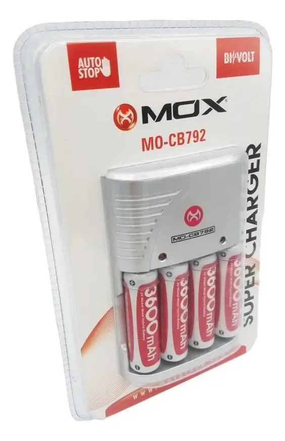 Carregador Bivolt Automático + 4 Pilhas Aa 3600mah Mox