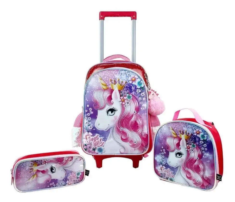 Kit Mochila Carrinho Unicórnio Escolar + Lancheira + Estojo