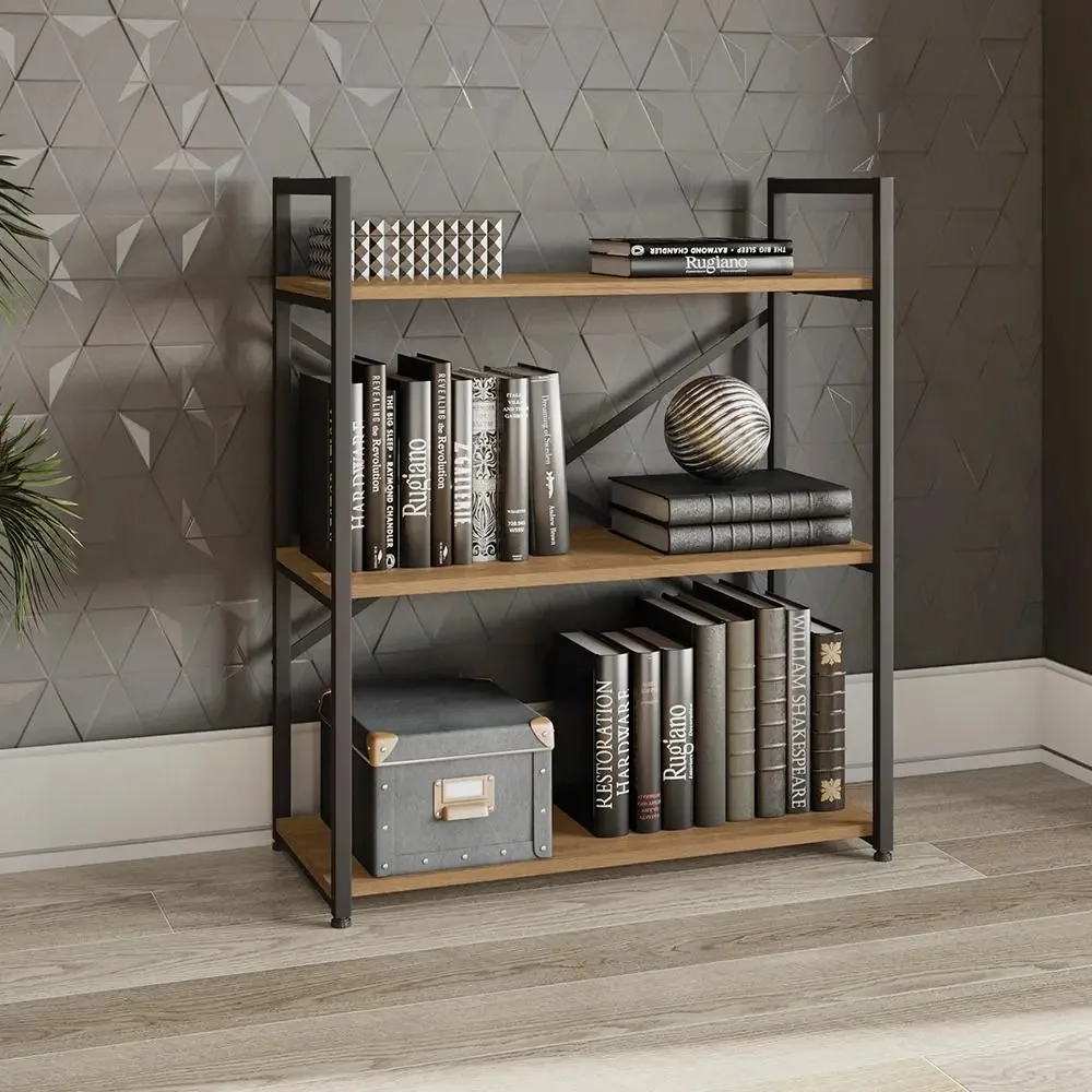 Kappesberg LI007 estante estilo Industrial com 3 prateleiras madeira e metal cor freijó e preto