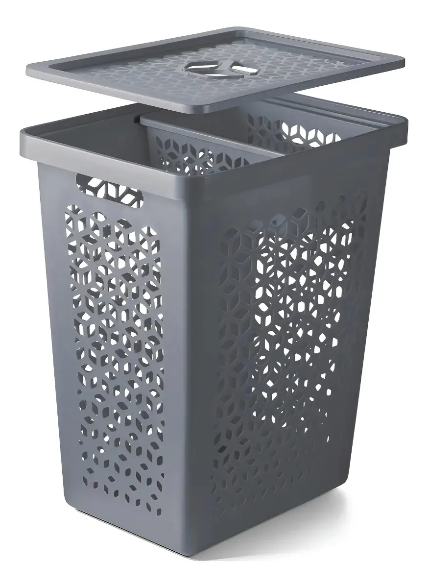 Cesto de Roupas 55l Multiuso Tampa e Cesto Interno 6l Uz Cor Cinza Plasnorthon