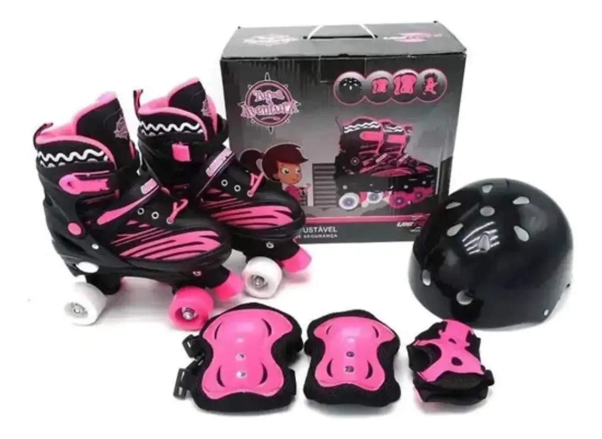 Patins 4 Rodas Ajustável Infantil Unitoys Preto Com Kit Proteção Tamanho 30-33