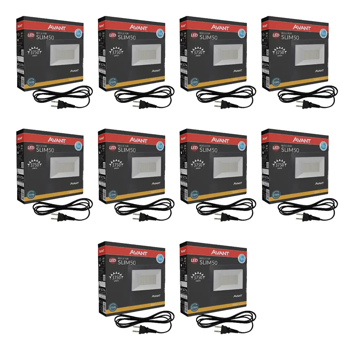 10x Refletores Slim Avant 50w Luz Branco Quente Com Tomada