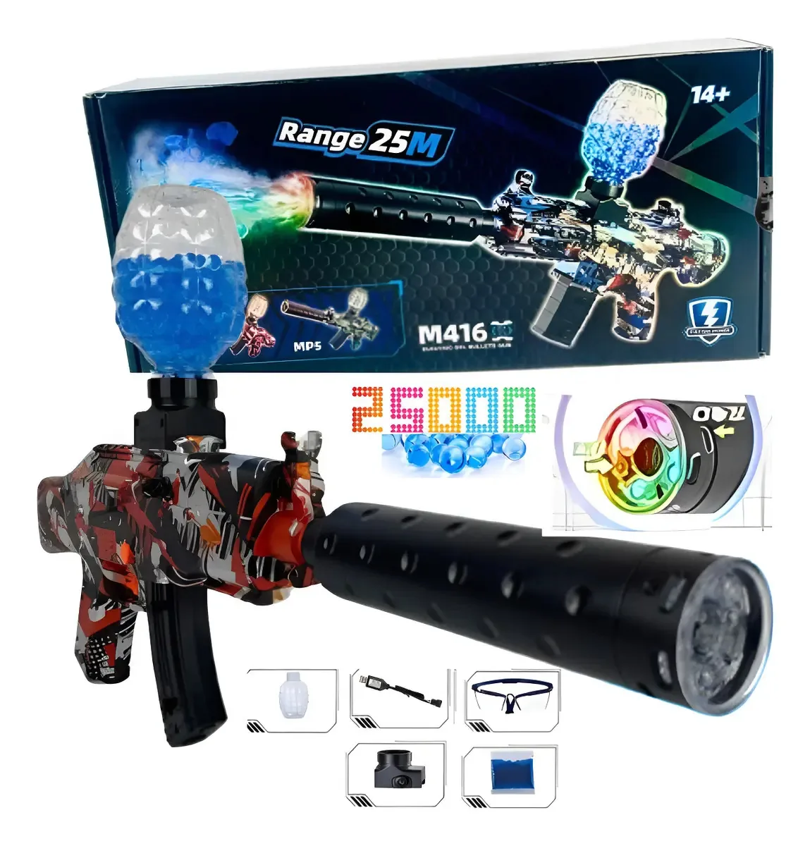Metralhadora BPX-STORE Arma Gel AK-47 Vermelha LED Silenciador 25m