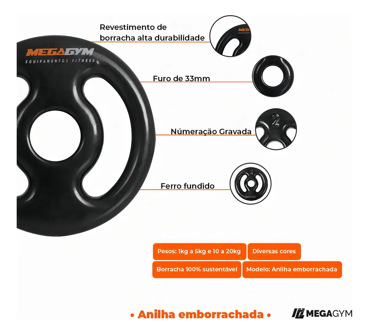 2 Anilhas P/ Halteres E Barras Peso 10kg Emborrachada Cor Preto