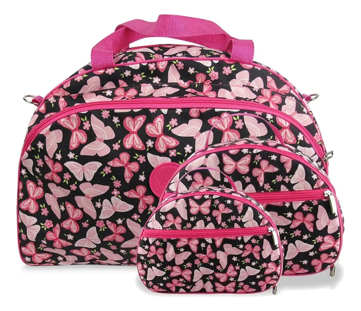 Kit Bolsa De Viagem Flamingo Grande E 2 Necessaires M E P Cor Borboleta Preta