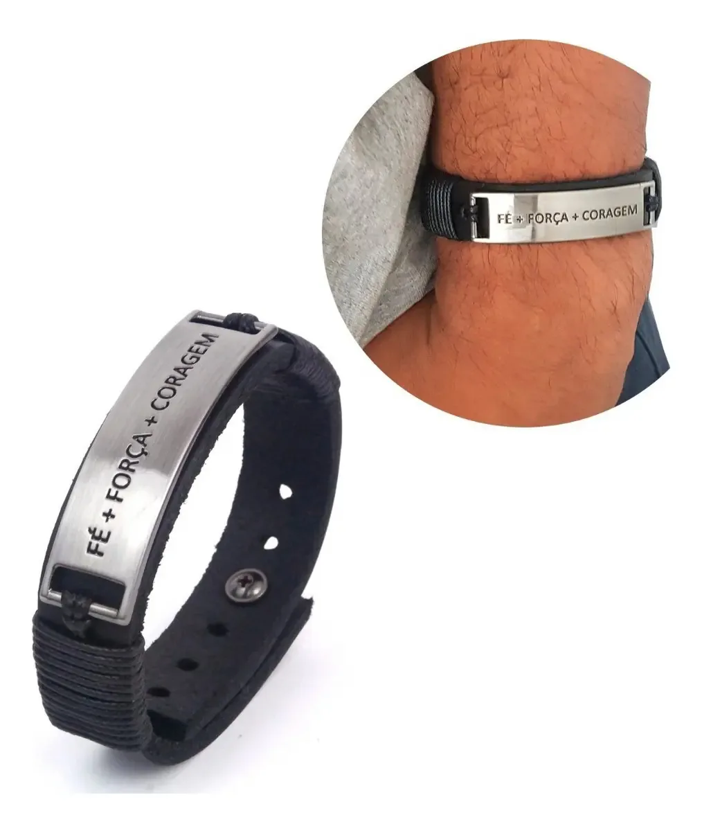 Pulseira Masculina Couro Preto Fé Força Coragem Marshop