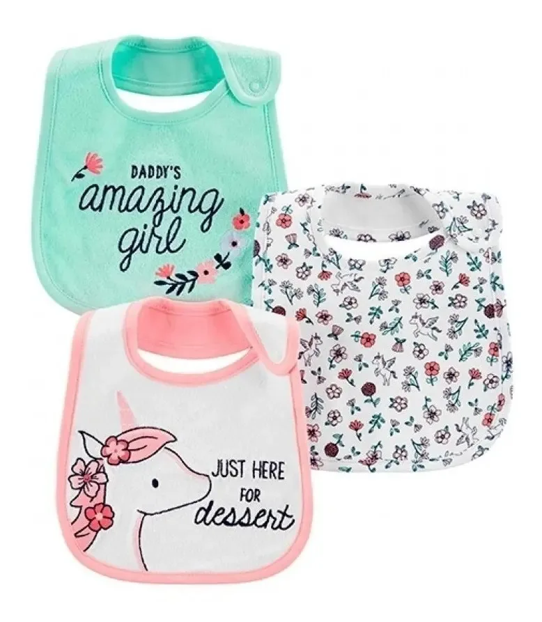 Babadores Carters Para Meninas Kit 3 Peças Rosa Bebê Amarelo Unicórnio