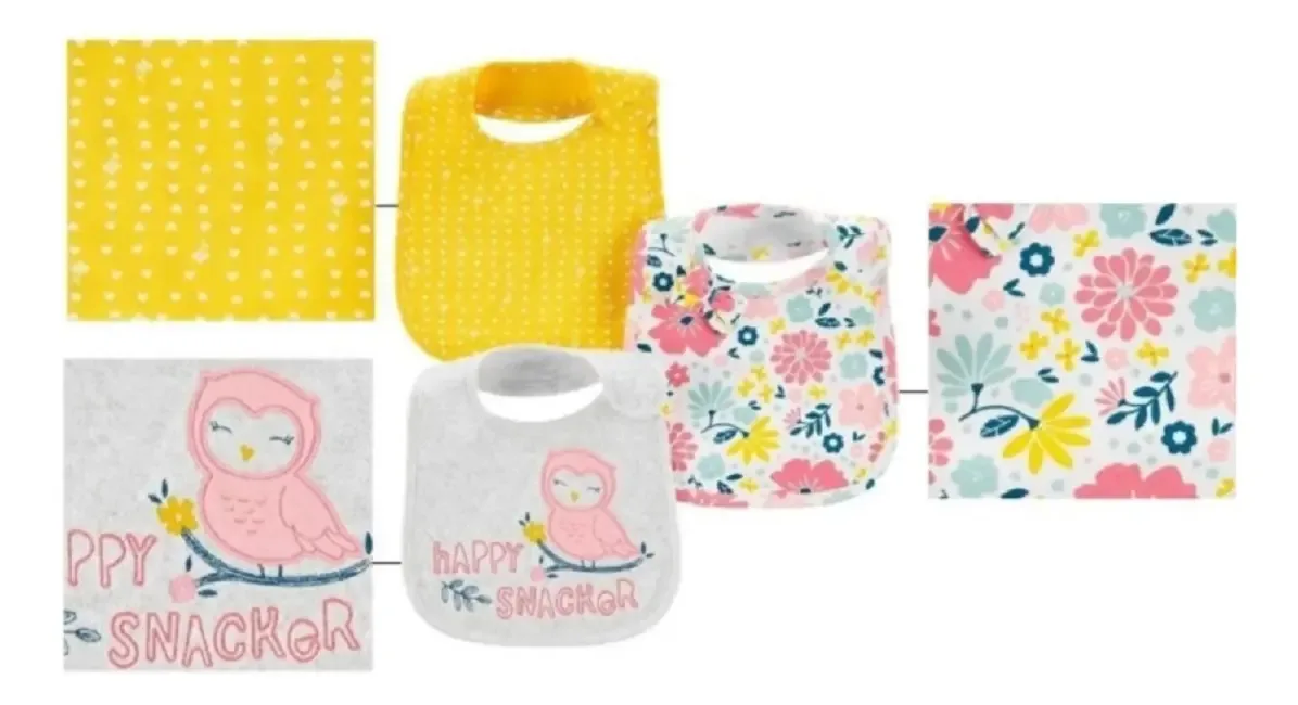 Babadores Carters Para Meninas Kit 3 Peças Rosa Bebê Amarelo Floral
