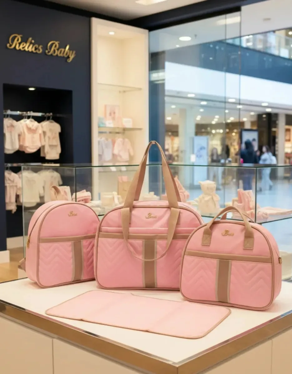 Kit Maternidade 3 Peças + Trocador Rosa Bolsa Bebê Luxo Multifuncional Baby Menino Menina Mala Mochila Saída Organizador Enxoval Completo Infantil Multiuso Grande Lançamento Mamae Necessaire Relics