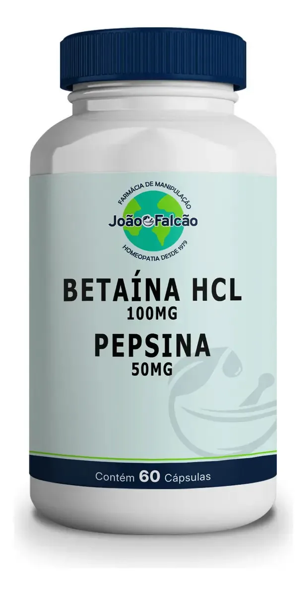 Betaína Hcl 100mg + Pepsina 50mg 60 Cápsulas Farmácia João Falcão