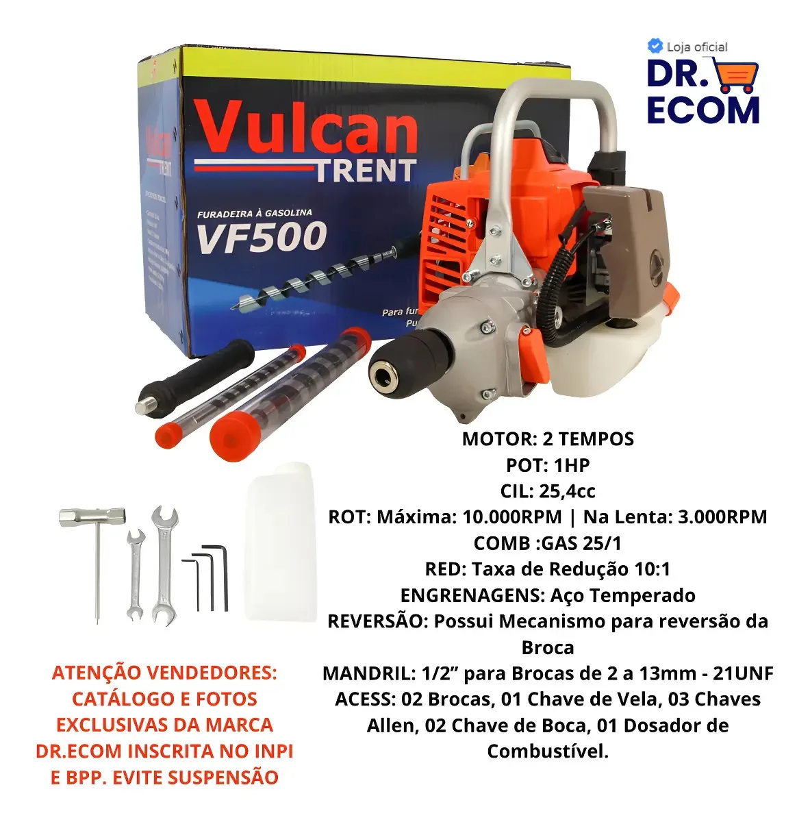 Furadeira Vulcan Vf500 Gasolina + Brocas 12mm E 28mm Mourão DrEcom