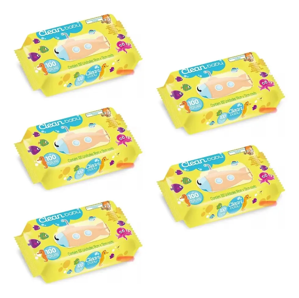 Kit Com 05 Lenços Toalhas Umedecidas Clean Baby 500 Unidades