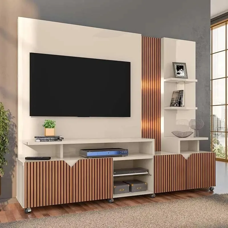 Estante Home Lukaliam Ripado Off White TV 55 Pol LED Rodízios Embutidos