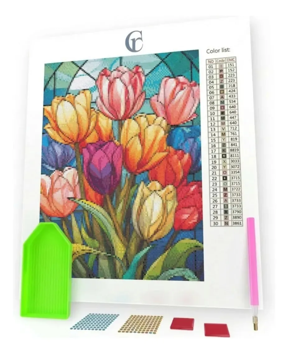 Kit Pintura em Diamantes Flores Vitrais 30x40cm Completo para DIY