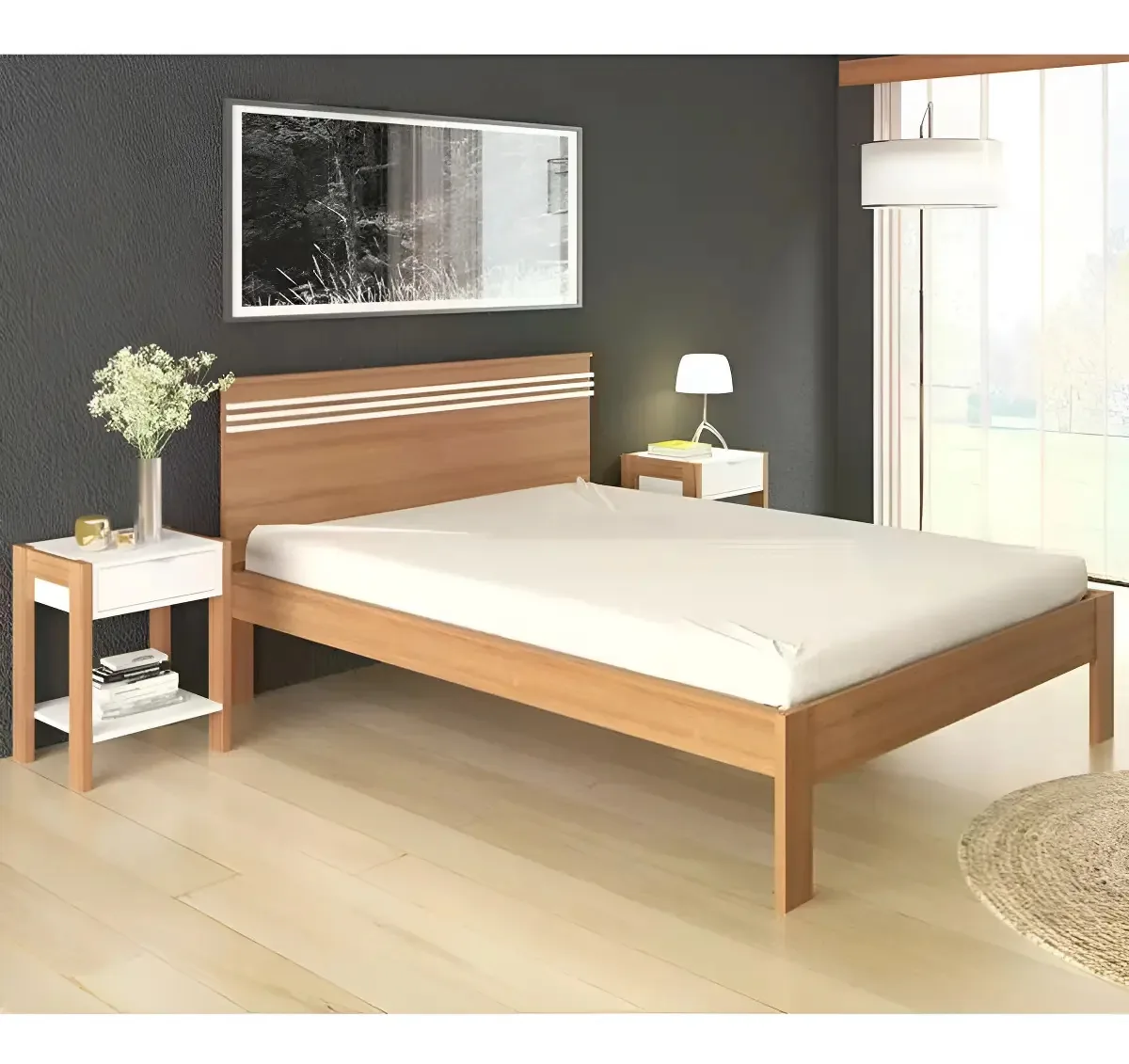 Cama Casal Tradicional Tecno Mobili MDP Amêndoa c/ 2 Mesas Cabeceira
