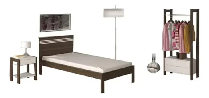 Quarto Solteiro 3 Peças Tecno Mobili Cama Armário Mesa Nogal Branco