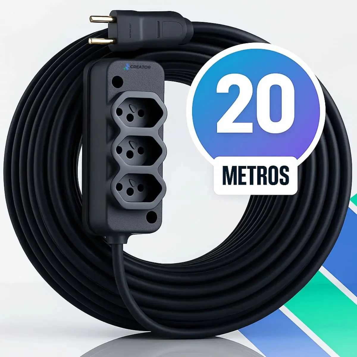 Extensão Cabo Pp 20 metros Reforçada Cor Preto Fio Grosso 2x2,5mm Creator brasil Tomada Tripolar Bivolt