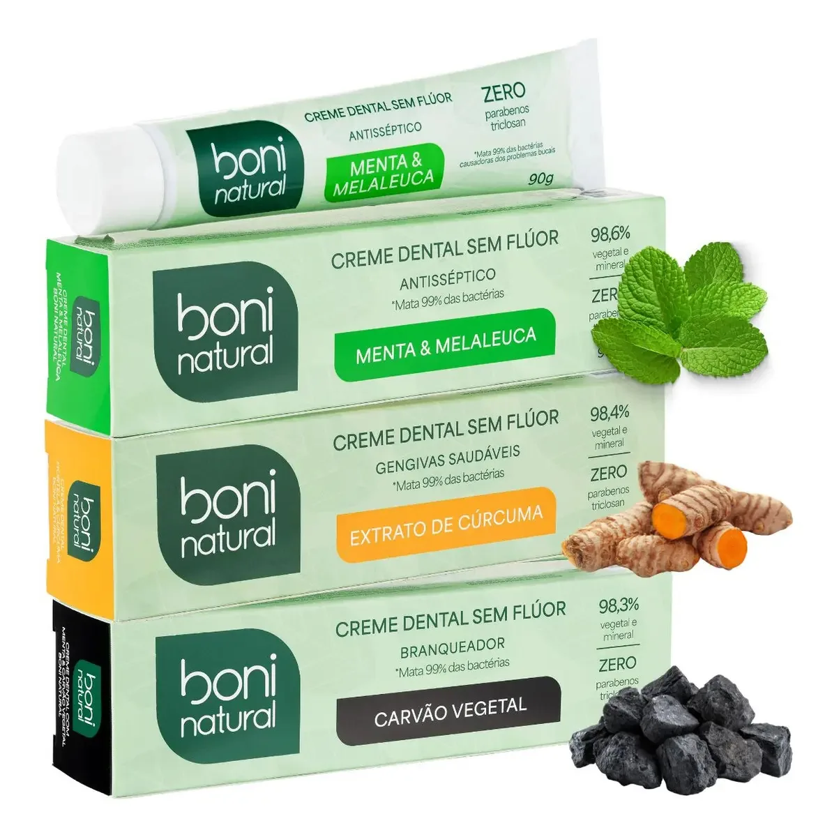 Kit 3 Creme Dental Boni Natural - Carvão, Cúrcuma, Melaleuca