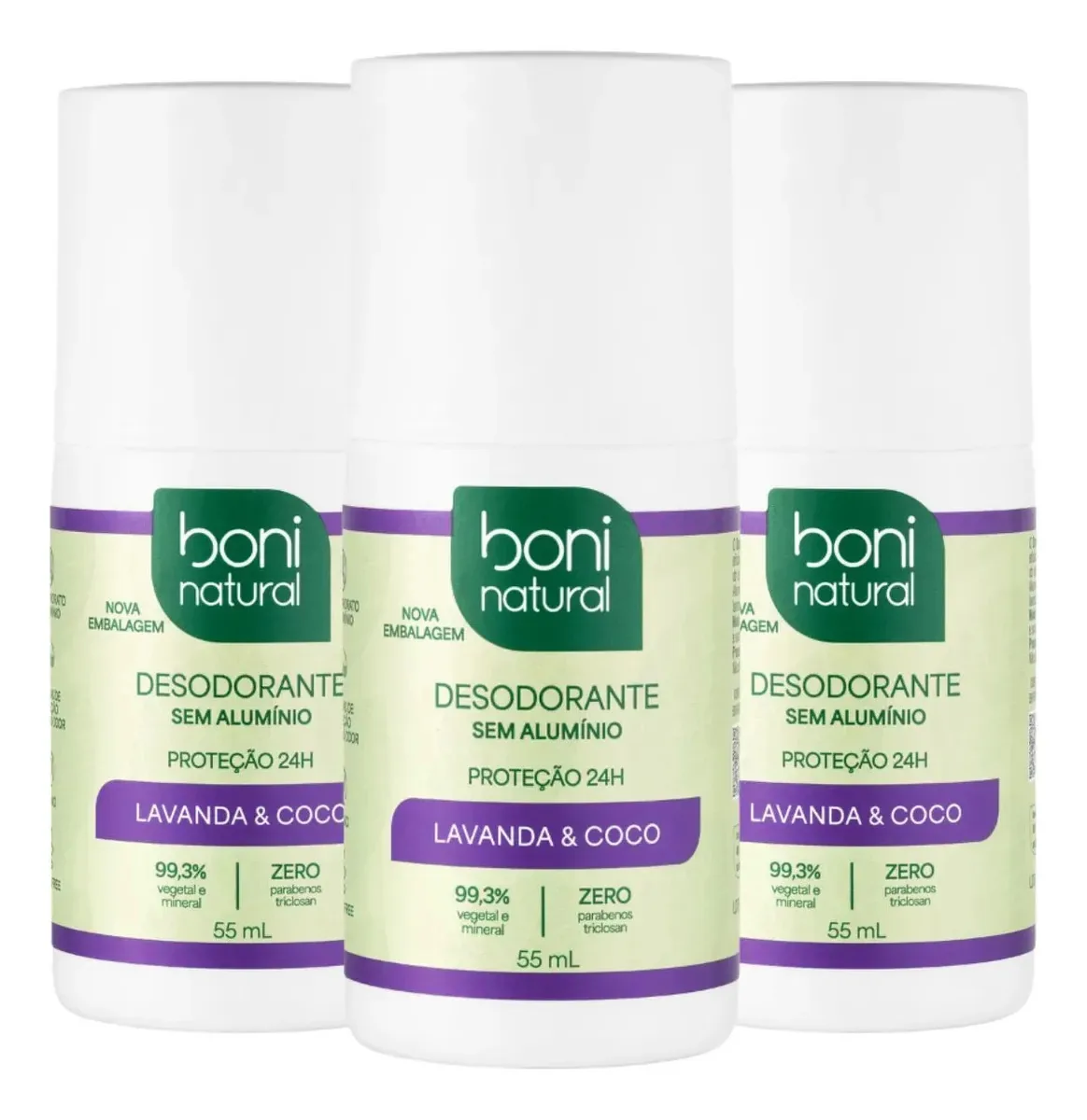 Kit 3 Desodorantes Roll-On Vegano Lavanda 55ml Boni Natural Coco e Magnésio