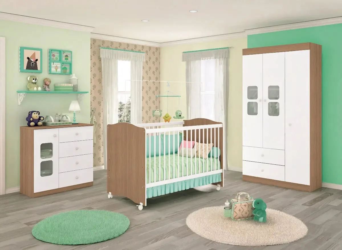 Jogo De Quarto Berço Vira Mini Cama Cômoda Roupeiro 3 Portas