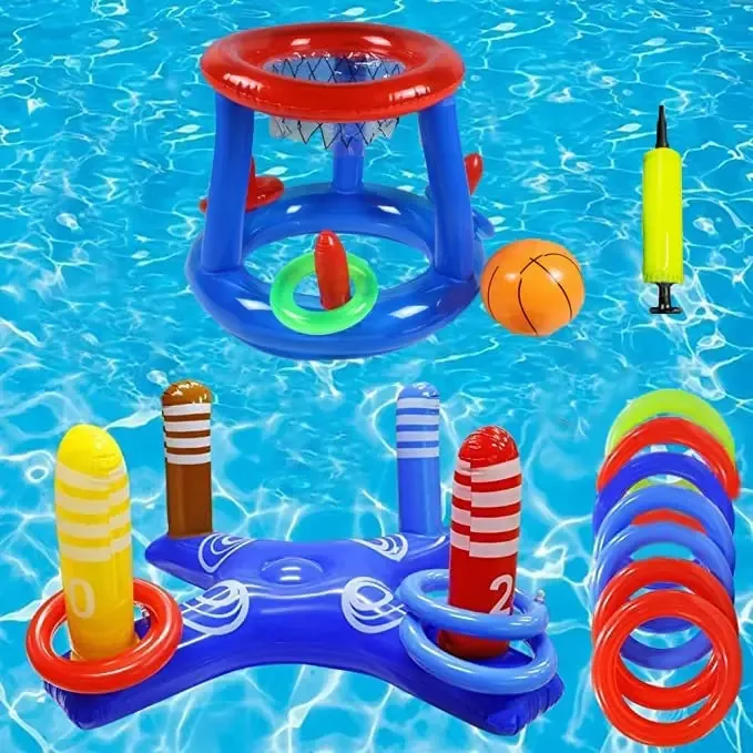 Conjunto de Brinquedos de Piscina, Aro de Basquete de Piscina, Anéis Infláveis Cruzados, Jogo de Arremesso e Brinquedos de Piscina para Crianças e Adolescentes (2 Conjuntos de Brinquedos Aquáticos)