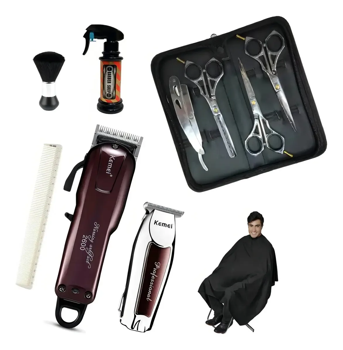 Barbeiro Prata 6 Tesouras Maquinas Corte + Acabamento Kemei