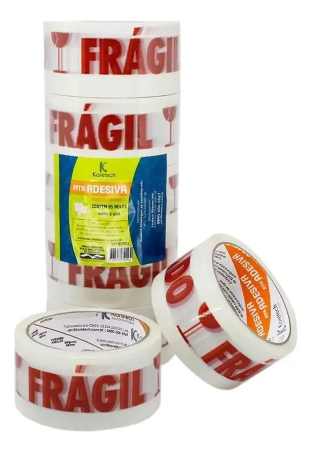 Fita Embalagem Koretech Cuidado Frágil Branca 48x50 de 5 Unidades
