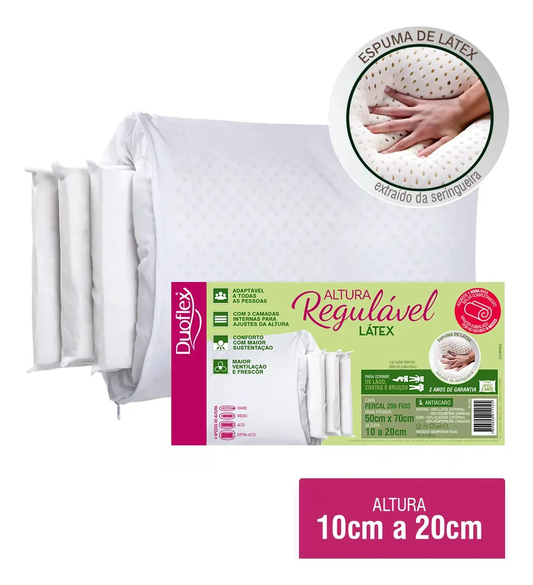 Travesseiro Altura Regulável Látex Duoflex Altura 10-20cm Para Fronha 50x70cm Antiácaro