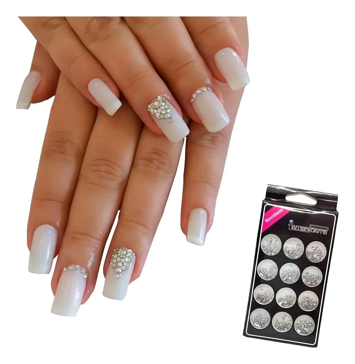 Kit De Decoração Joias Pedraria Pedrinhas Brancas Para Unhas Cor Branco
