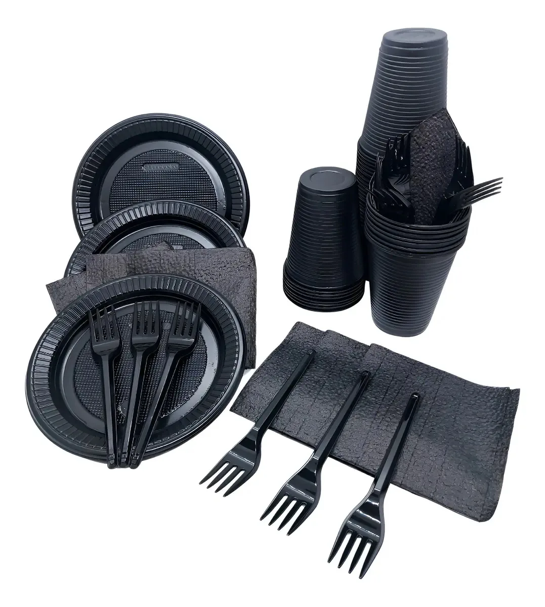 Kit 200 Descartáveis De Festa - Copo Prato Garfo Guardanapo Cor Preto Lisa