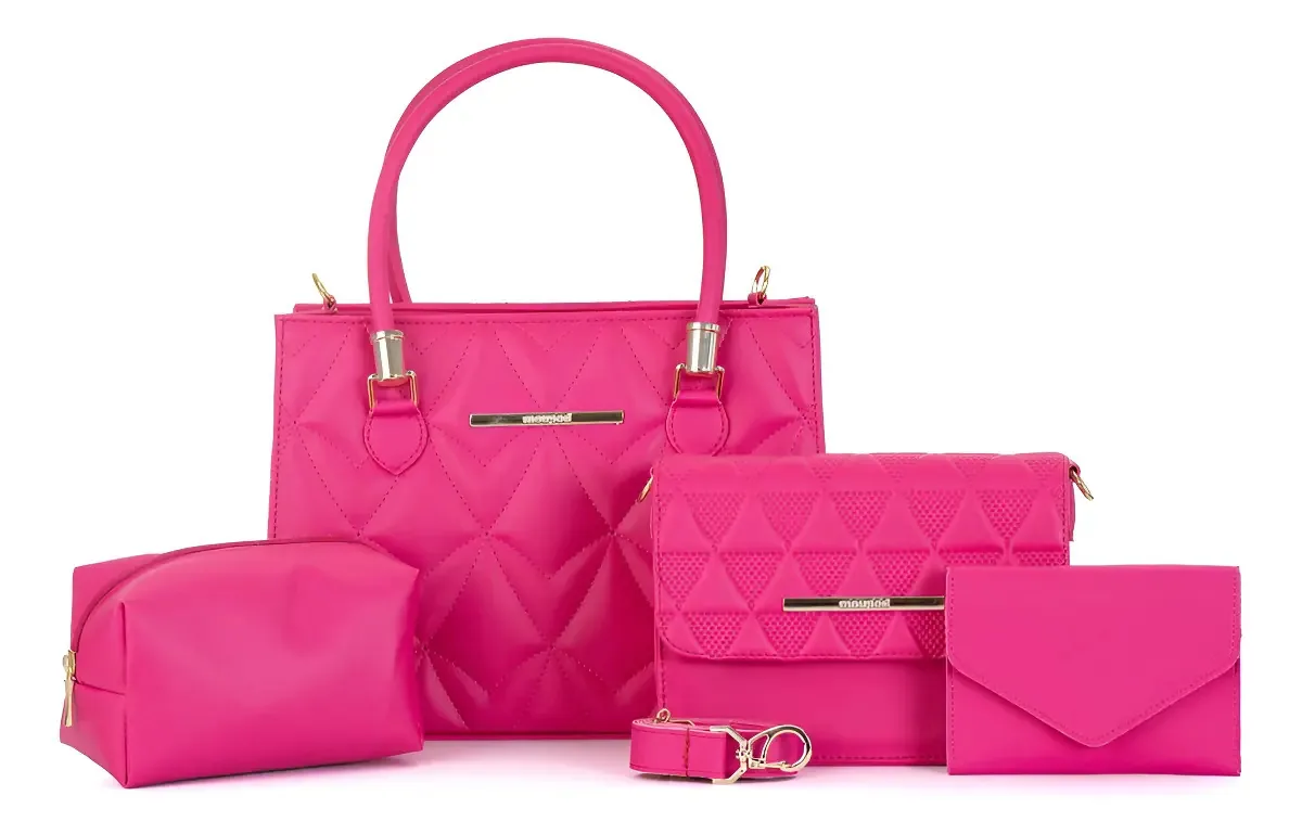 Kit de Bolsas Transversais Femininas Mouped Com Carteira e Necessaire, em Couro Sintético Rosa-Chiclete com Ferragens Douradas