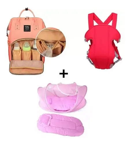 Berço Cama Bebê + Mochila Maternidade + Canguru Mamãe Cor Coral e Rosa