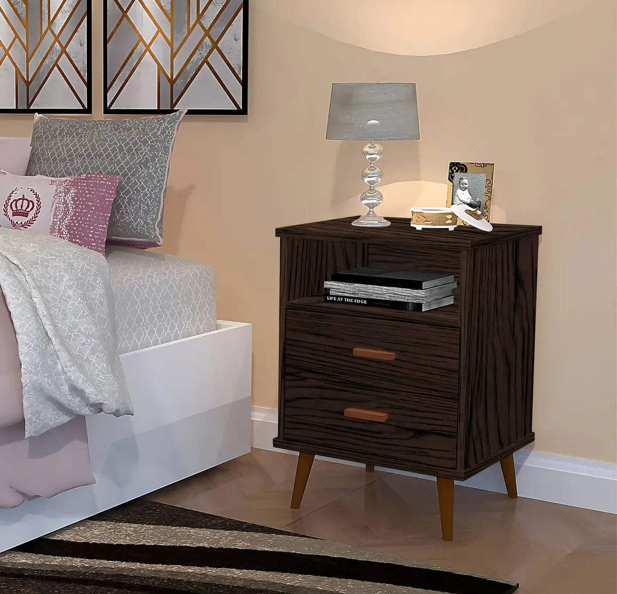 Mesa de Cabeceira com Pés PVC Casa Móveis 2 Gavetas MDF MDP Malbec