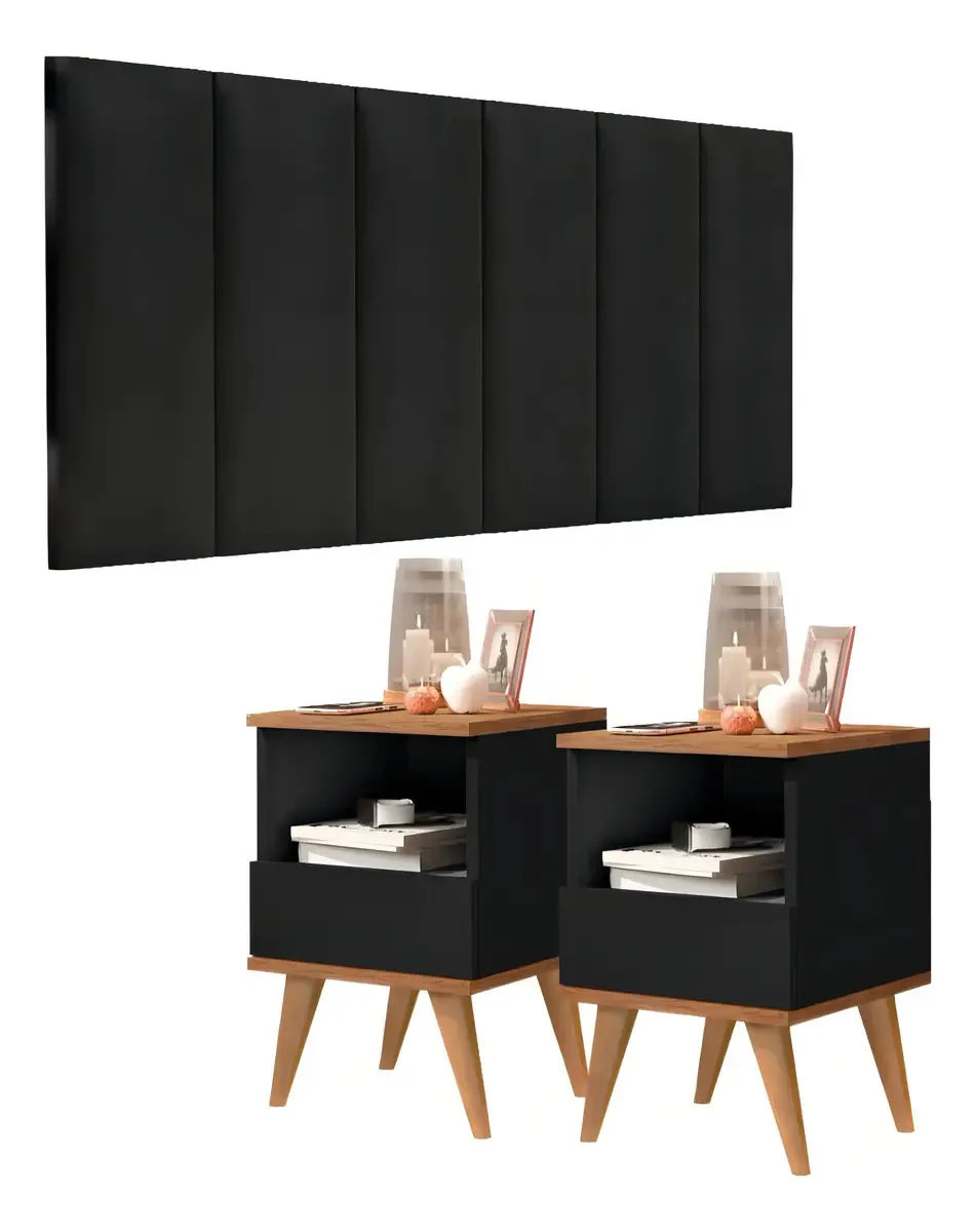 Conjunto Quarto Mesas De Cabeceira Pix 1,60 Preto/freijó