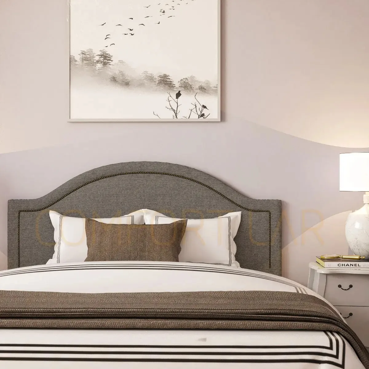 Cabeceira Estofada Com Tachinhas Queen 160x60cm Linho Cru Cor Cinza-escuro