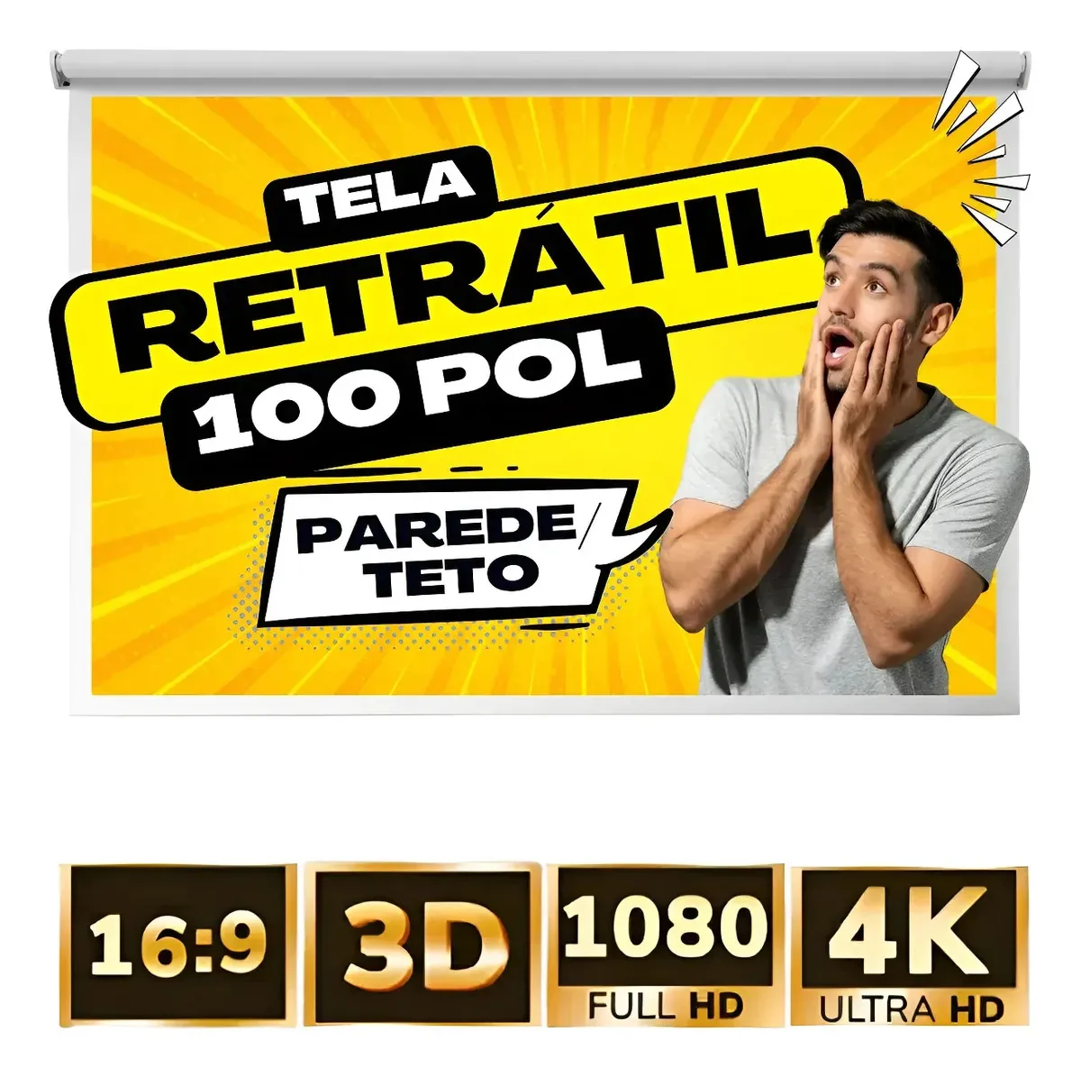 Tela de Projeção Retrátil 100" Mega Telas P100 para Projetor LCD e LED