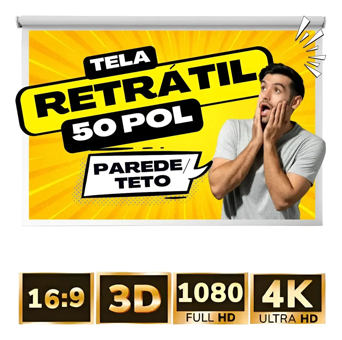 Tela Para Projetor Retrátil Manual - para Datashow Retroprojetor E Projetor com Sistema Multiparadas - Completa Com Suportes + Kit De Parafusos Com Instalação Em Parede E Teto - Formato 16:9 Branca