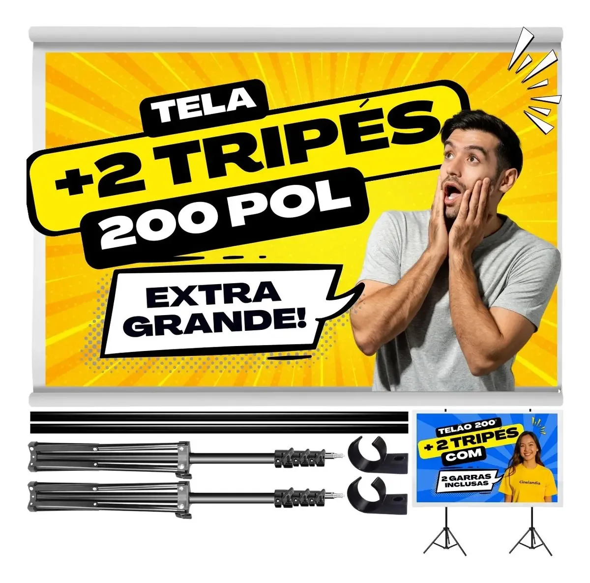 Kit Tela de Projeção Gigante 200" Manual com 2 Tripés e Formato 16:9 para Projetor