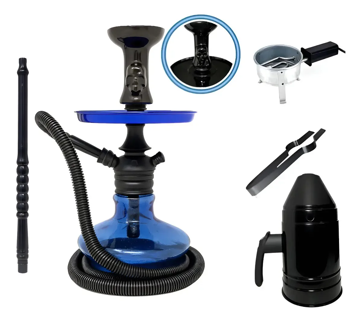 Narguile Kit Abafador Fogareiro Pegador Completo Rosh Cor Azul